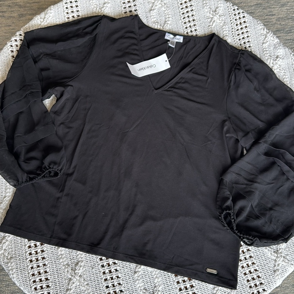 Calvin Klein Black Sheer Sleeve Relaxed Blouse